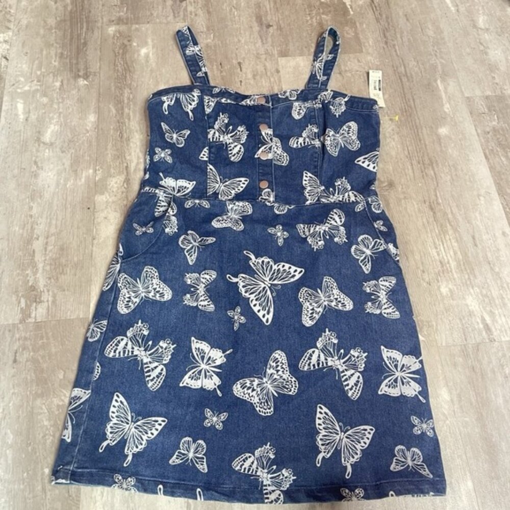 No Boundaries Juniors Floral Print Zip Front Mini Denim Dress Size XL 15/17 Bag5